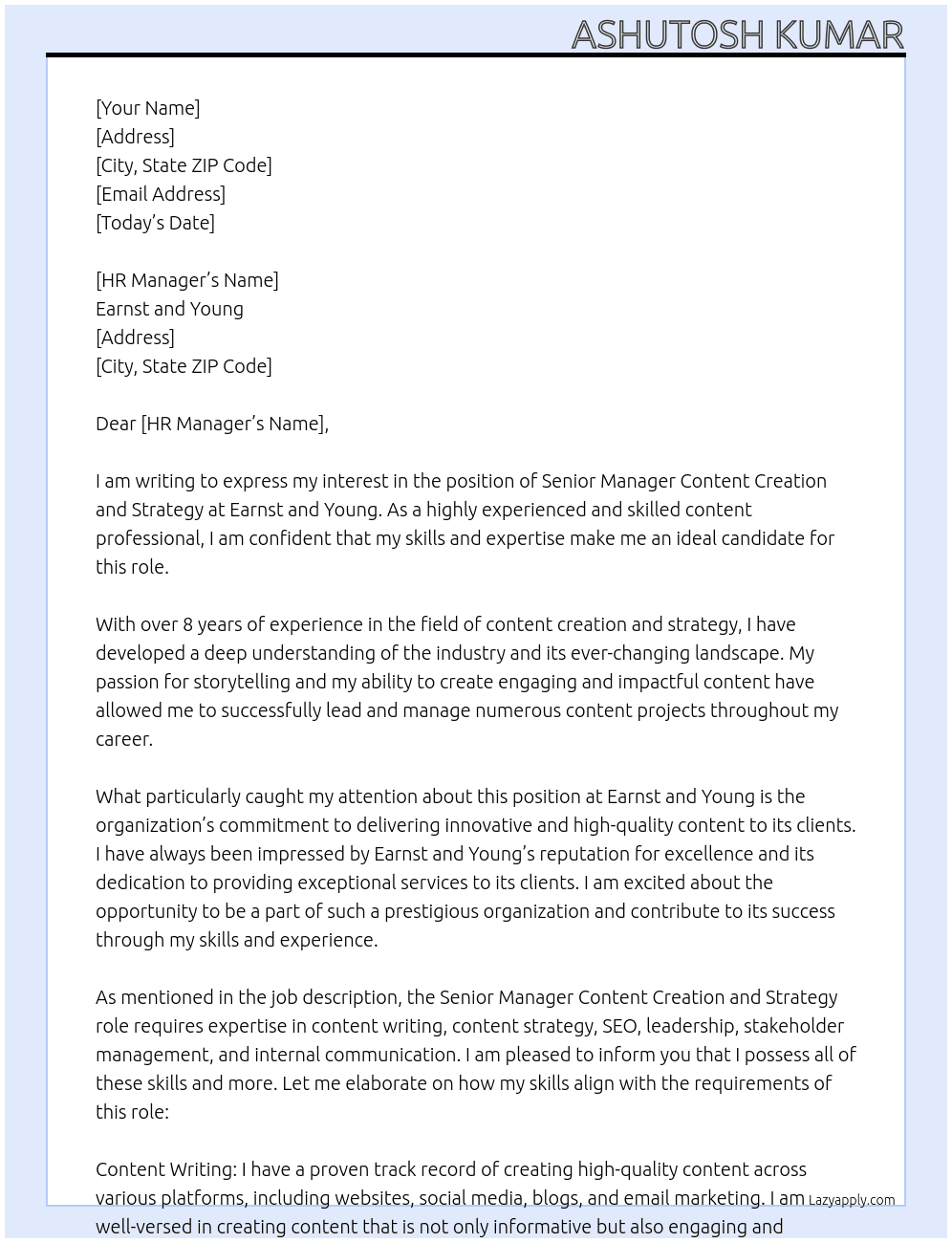 Senior Manager Content Creation and Strategy  At Earnst and Young Cover Letter