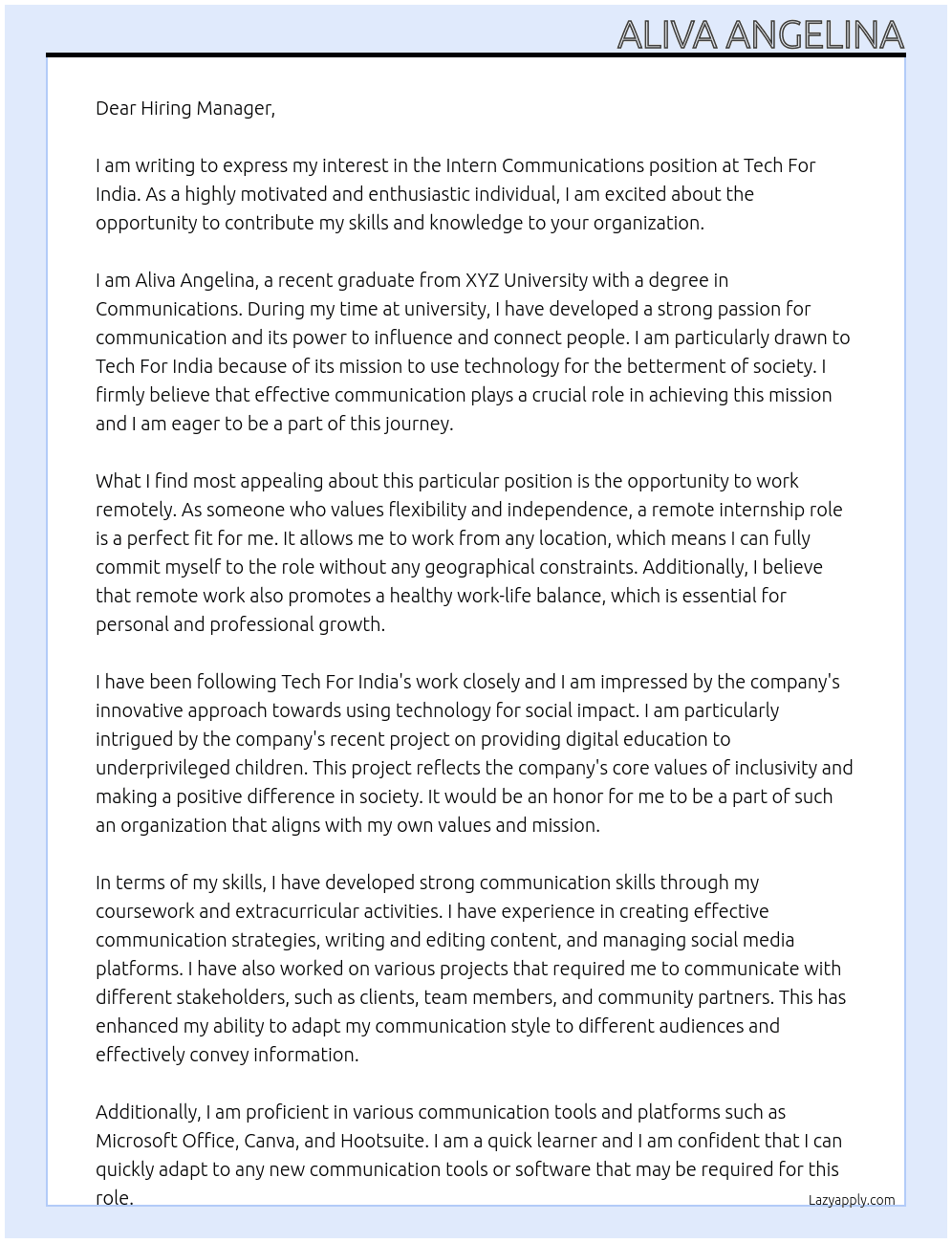 Intern communications  At Tech For India Cover Letter