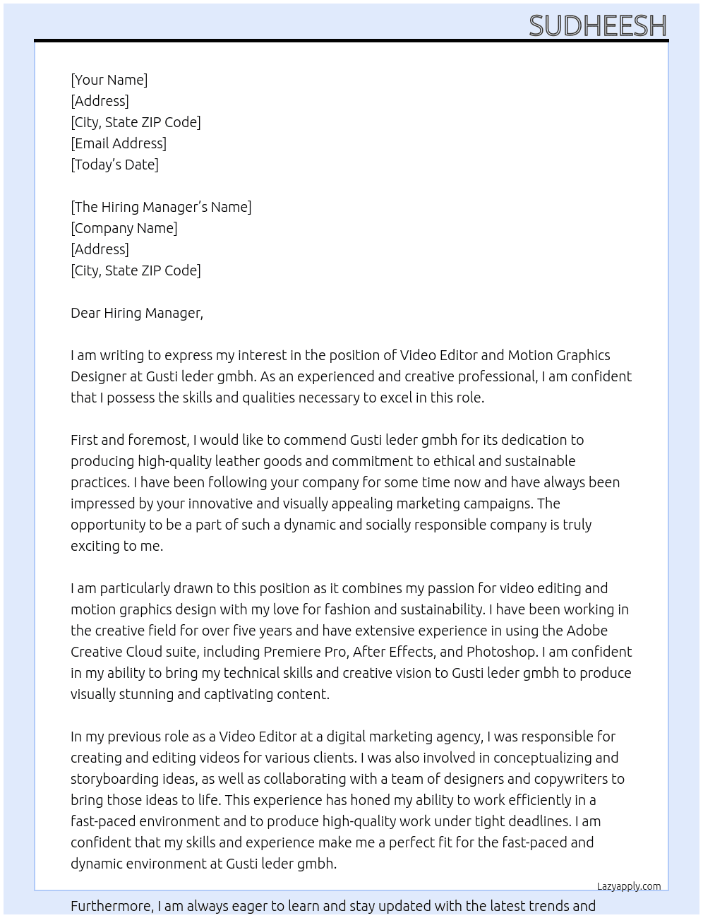Video editor and motion graphics designer At Gusti leder gmbh Cover Letter