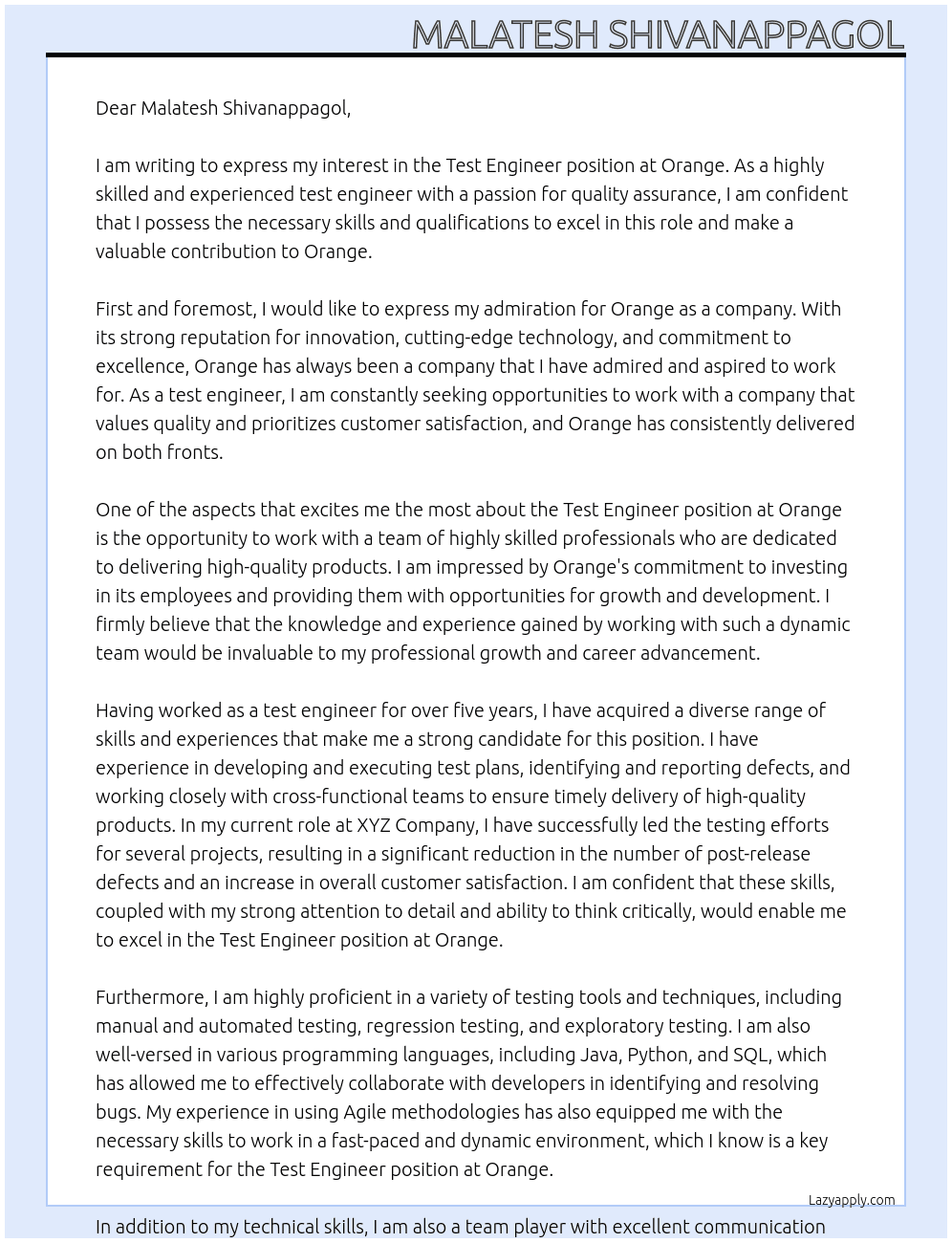 test engineer At orange Cover Letter