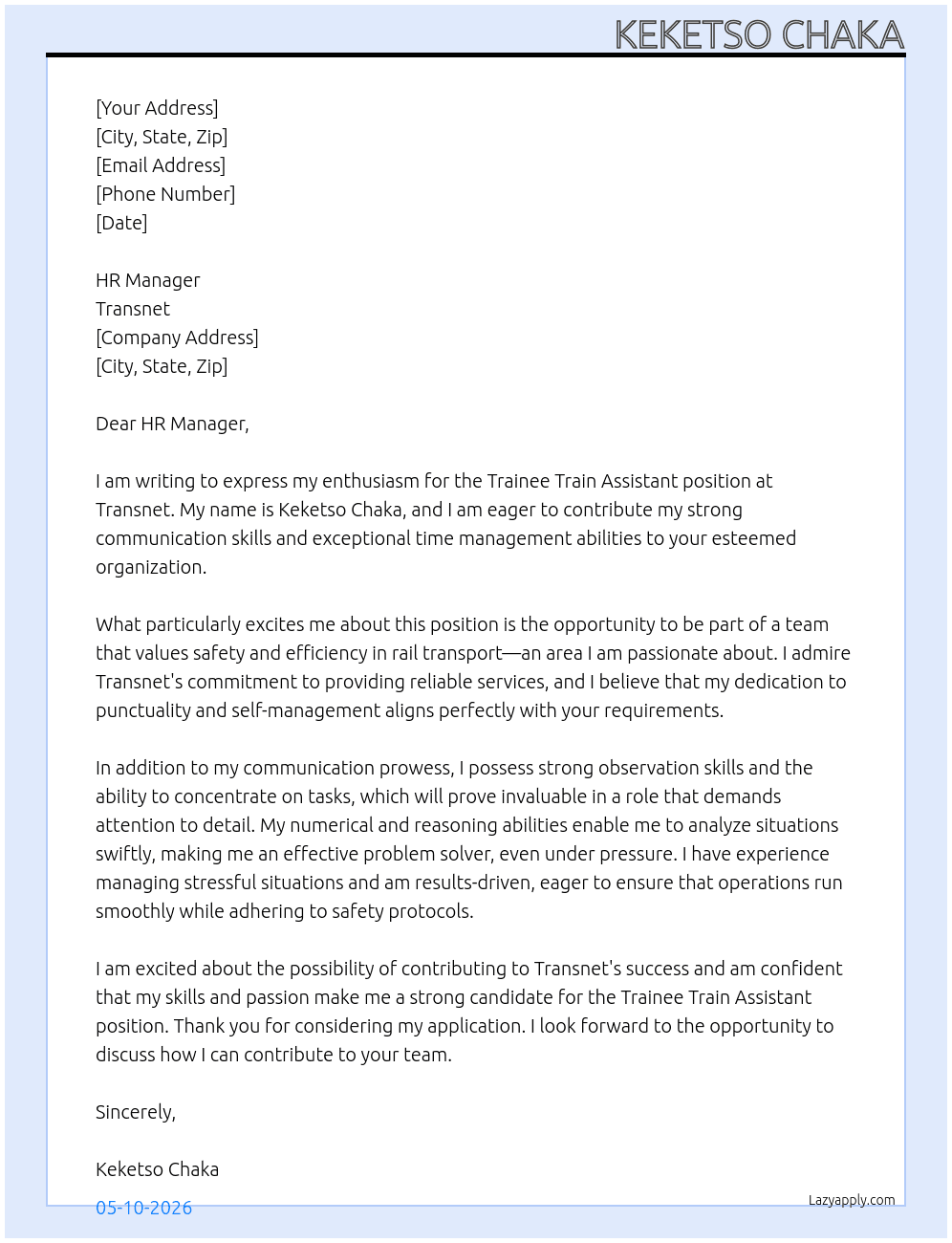 Trainee Train Assistant  At Transnet Cover Letter