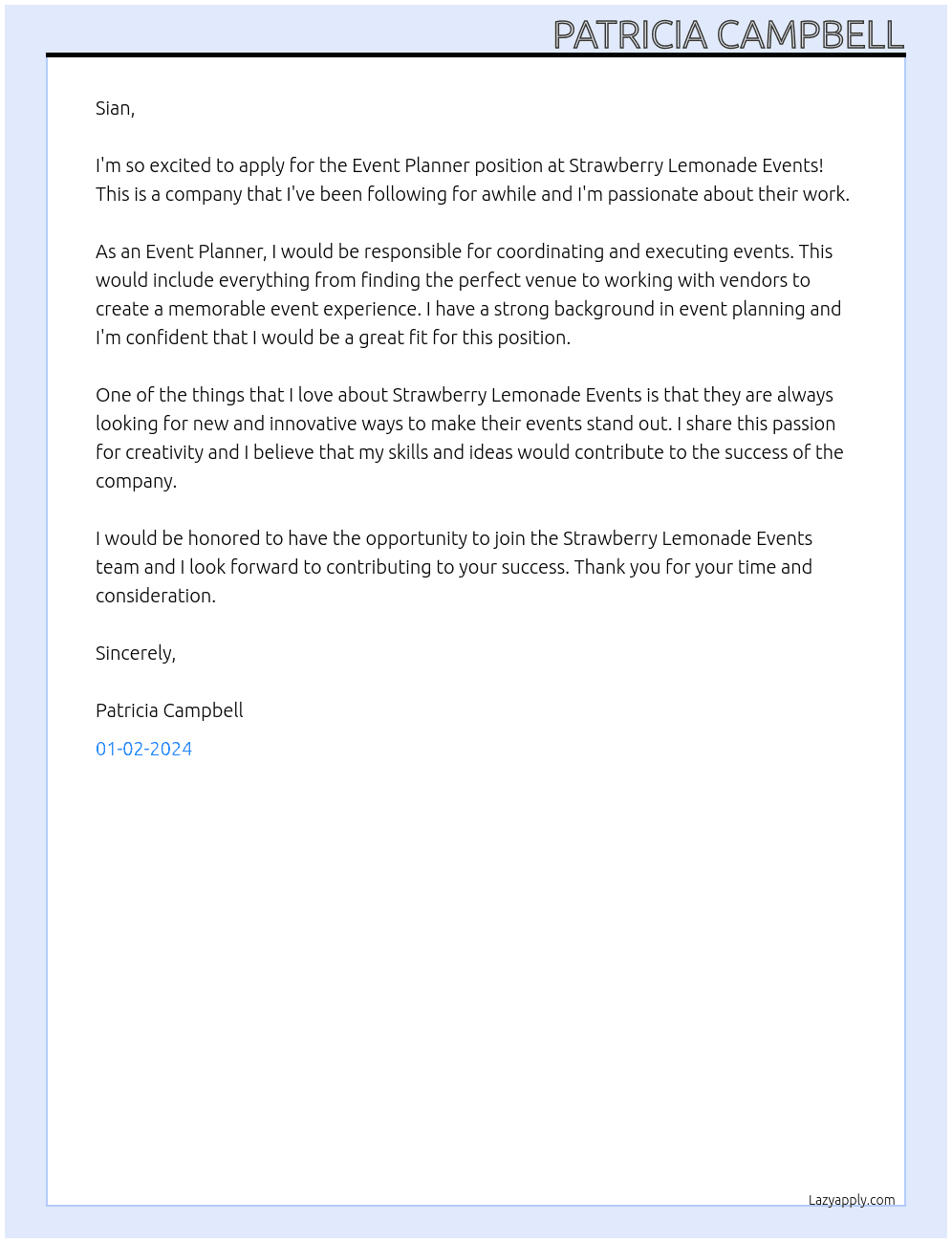 Event Planner At Strawberry Lemonade Events  Cover Letter