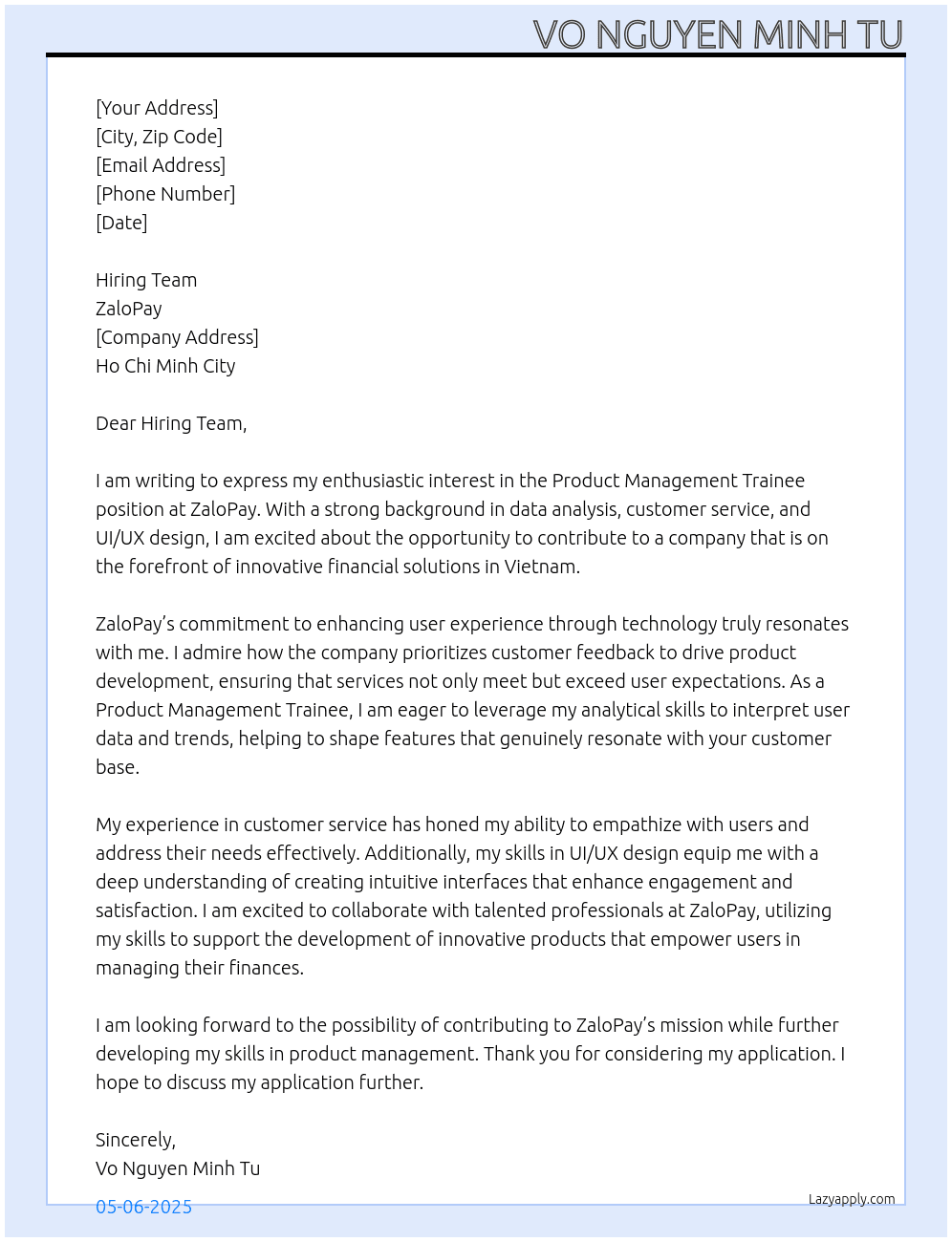 Cover letter for product management trainee - LazyApply