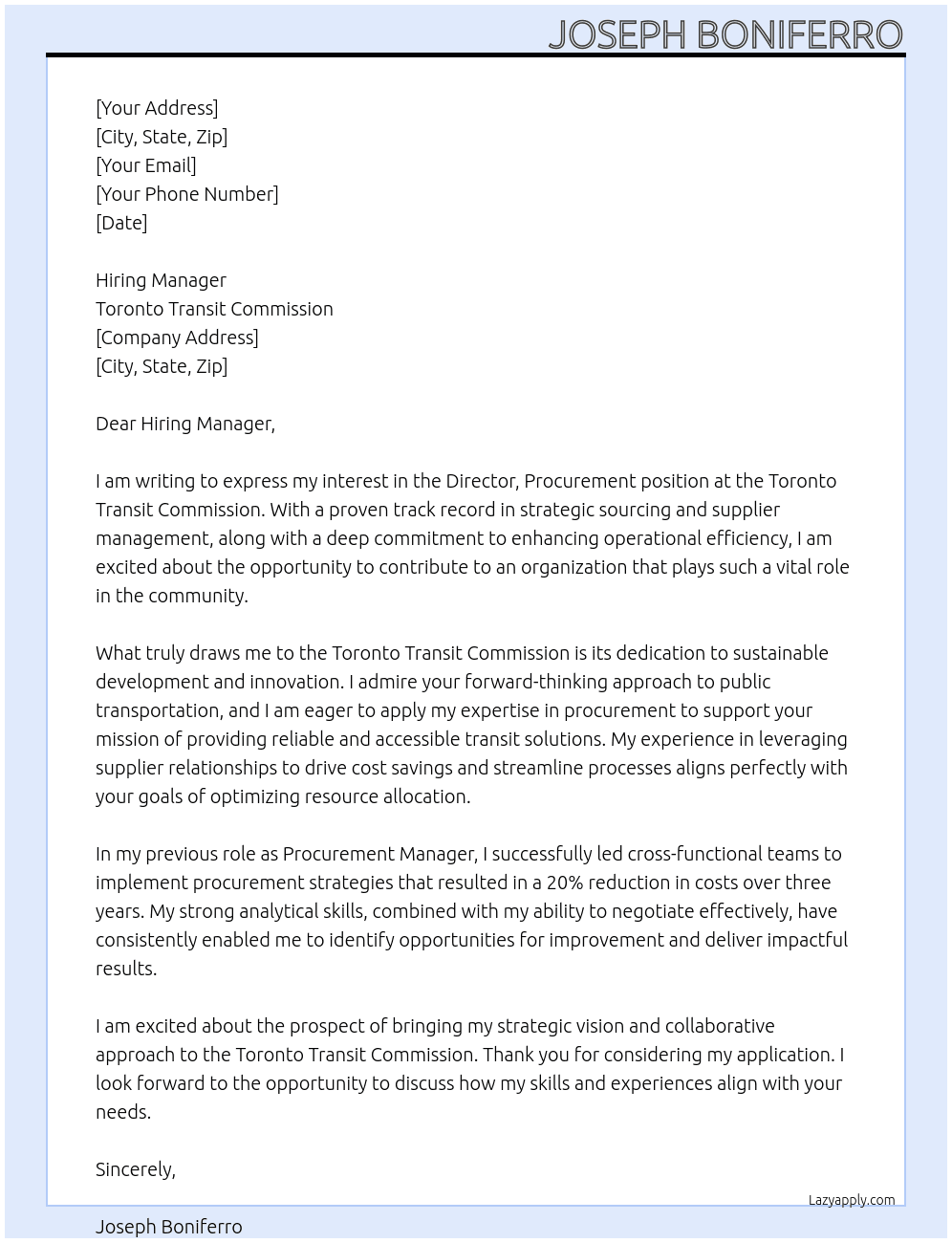 Director, Procurement At  Toronto Transit Commission Cover Letter