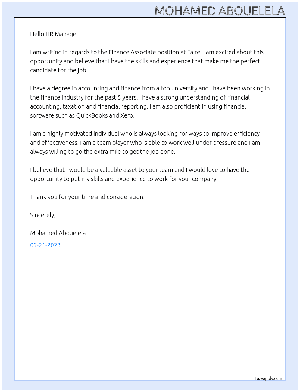 Finance Associate At Faire Cover Letter