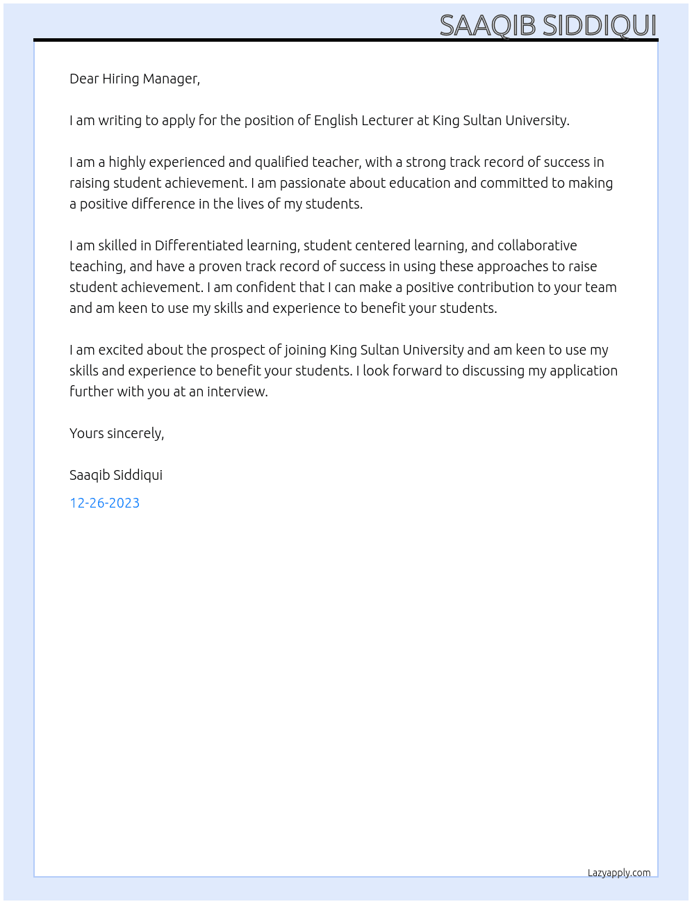 English Lecturer At King Sultan University Cover Letter