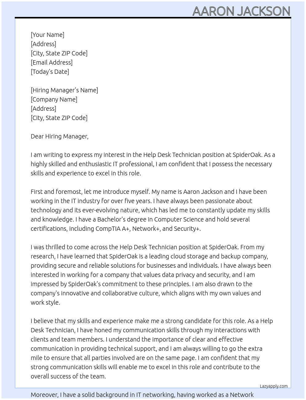 Help Desk Technician At SpiderOak Cover Letter