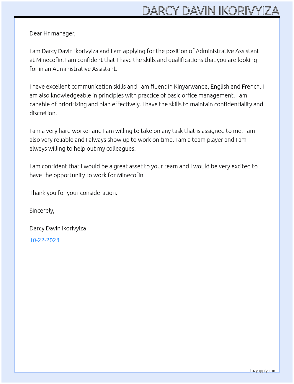 Administrative Assistant At Minecofin Cover Letter