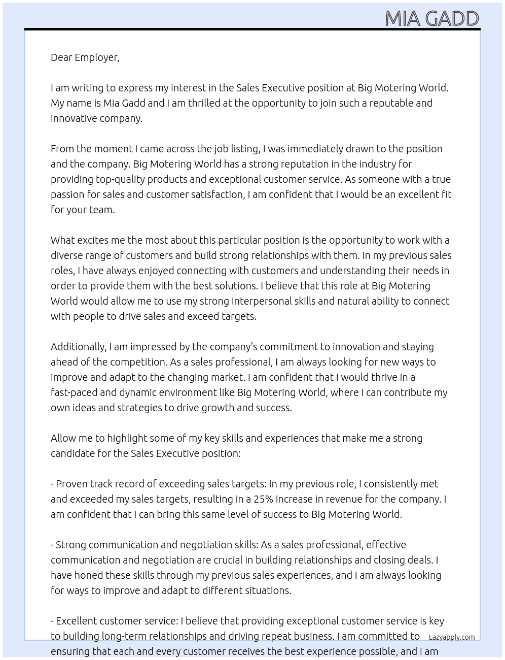  Sales Executive At Big motering world Cover Letter