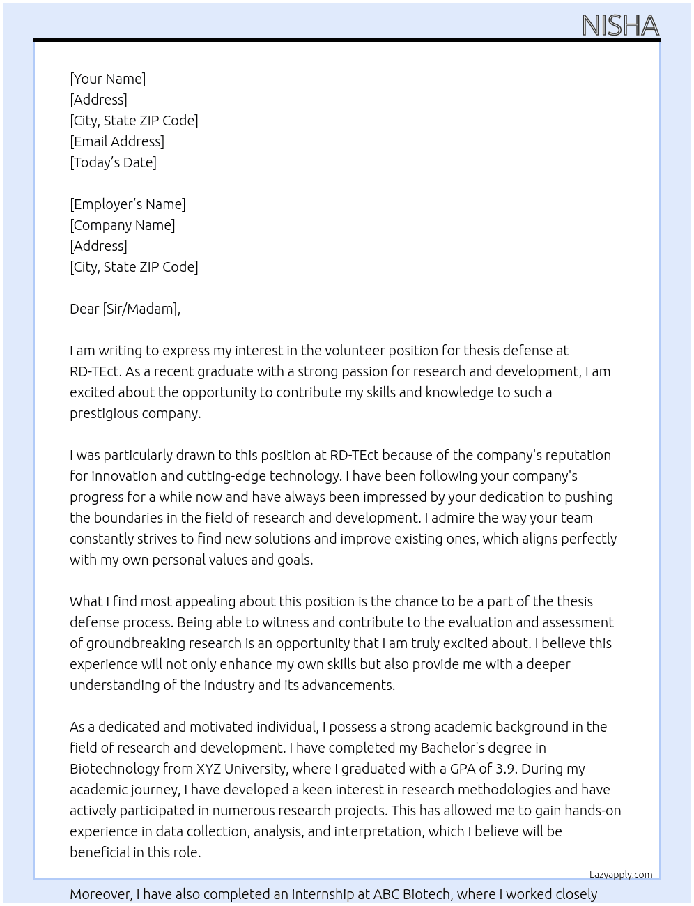 volunter in thesis defance At RD-TEct Cover Letter