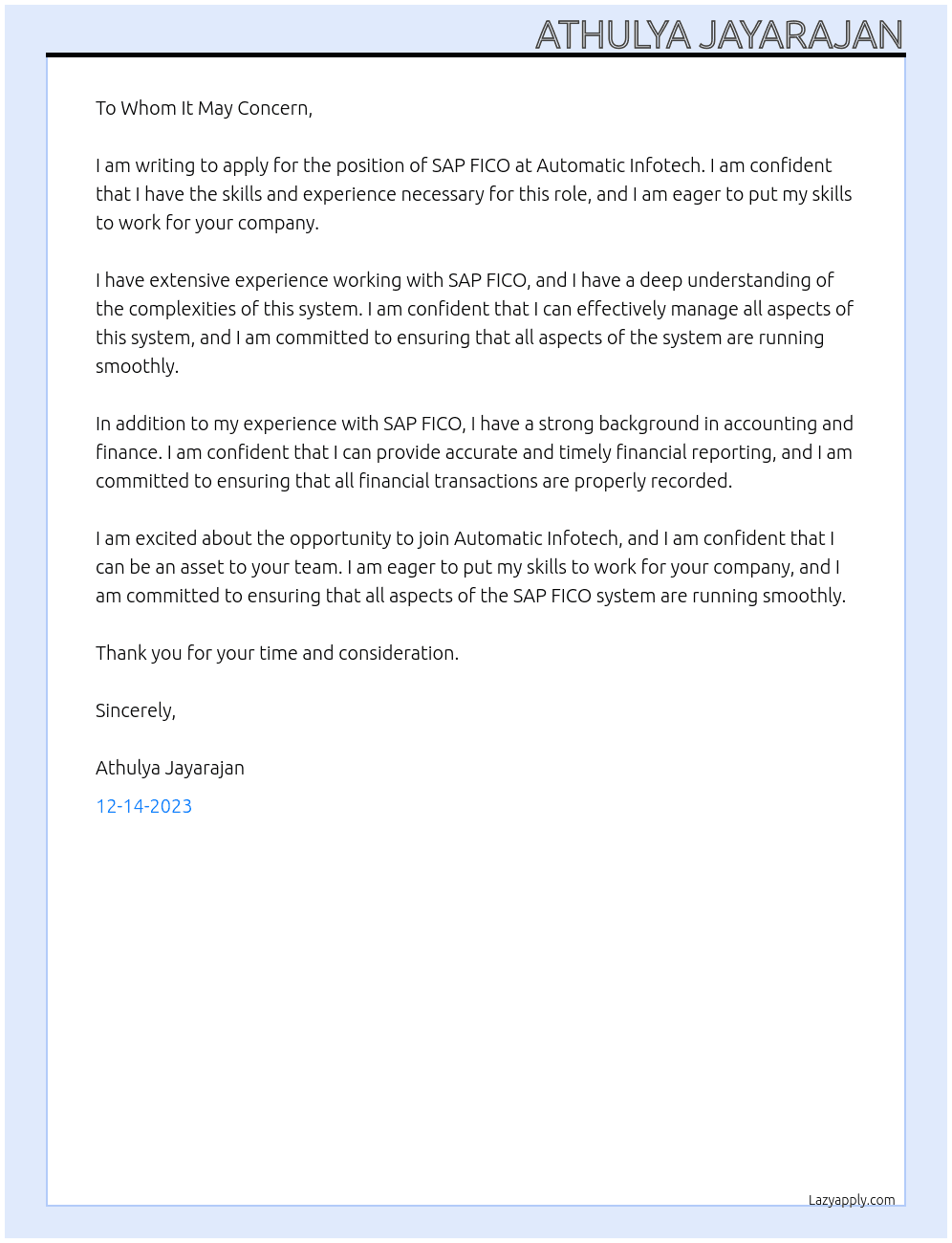 SAP FICO At Automatic Infotech  Cover Letter