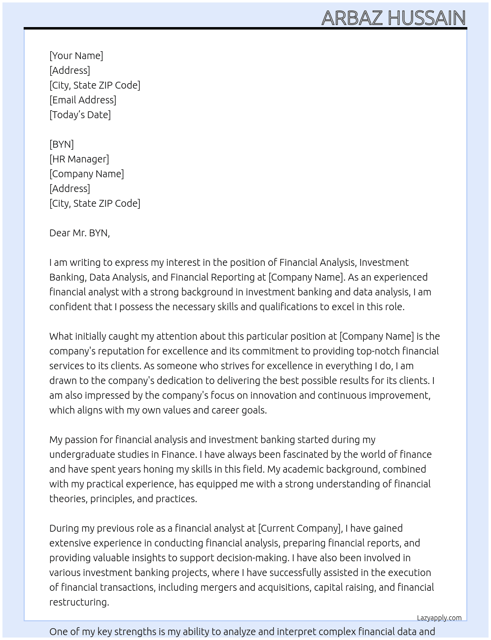 Financial Analysis, Investment Banking, Data Analysis, Financial Reporting At BYN  Cover Letter
