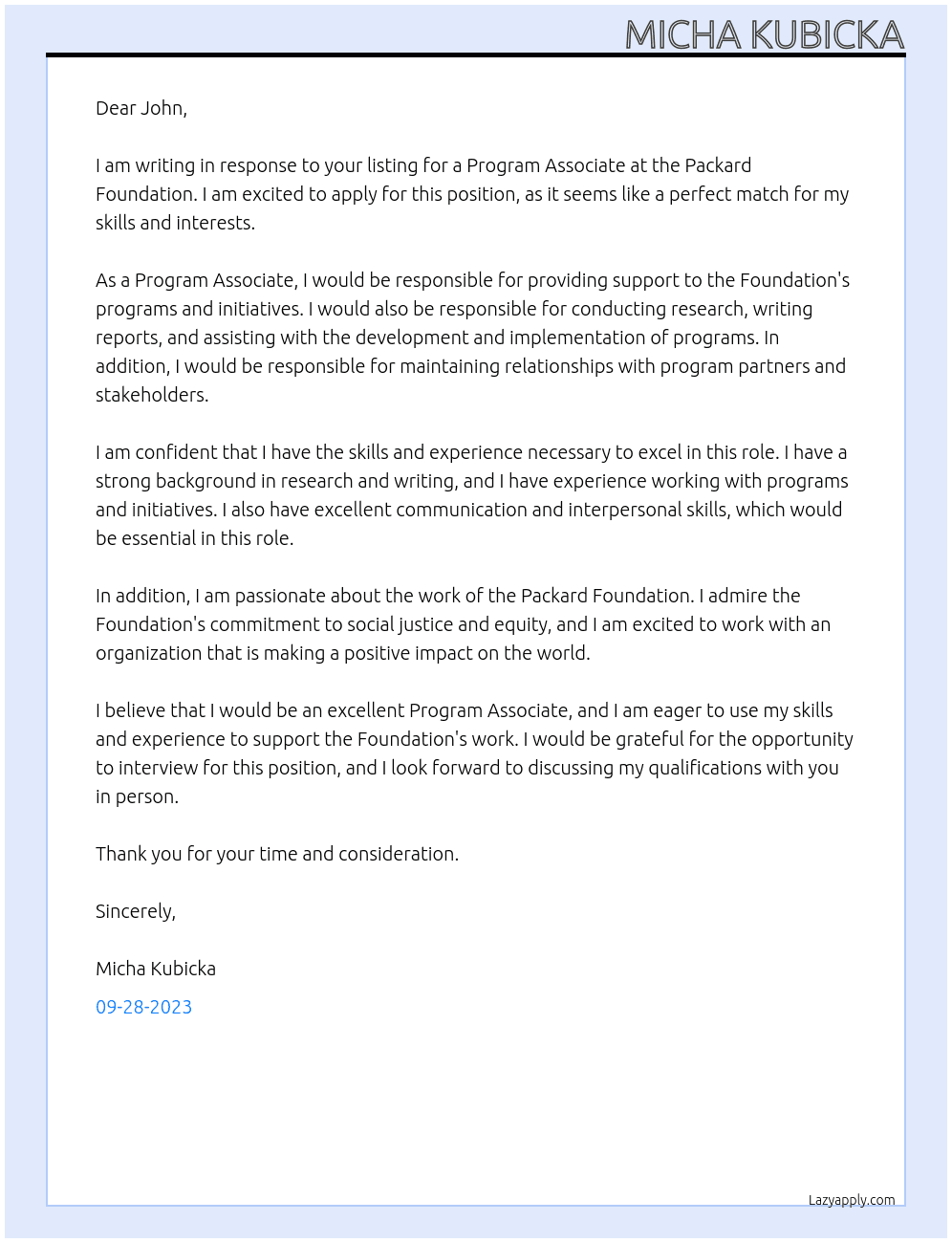 Program Associate At Packard Foundation Cover Letter
