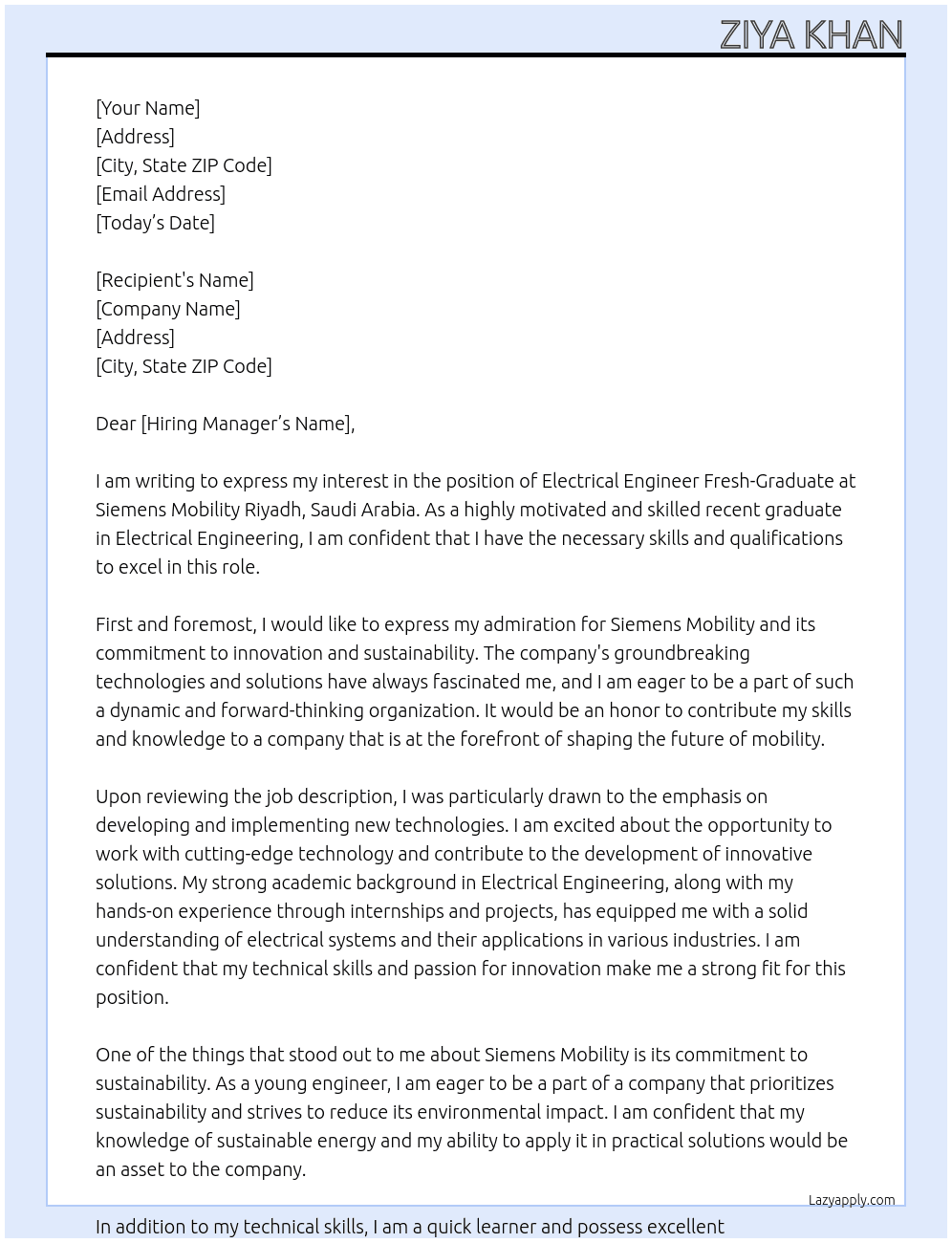 Electrical Engineer Fresh - Graduate At Siemens Mobility Riyadh, Saudi Arabia Cover Letter
