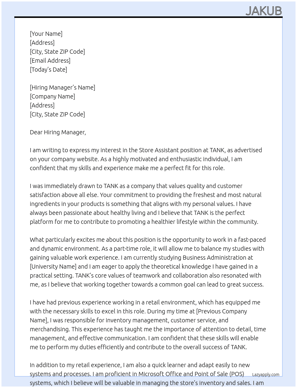 Store Assistant At TANK Cover Letter