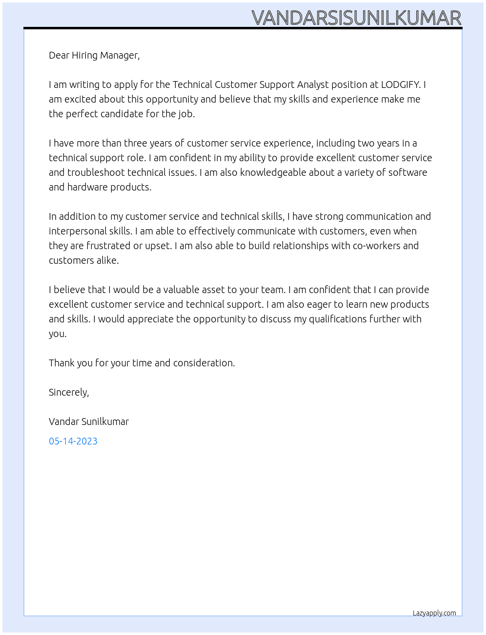 Technical customer support analyst  At LODGIFY  Cover Letter