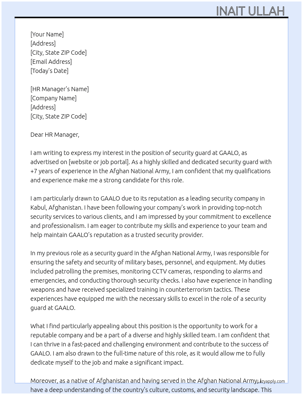 security guard At GAALO  Cover Letter