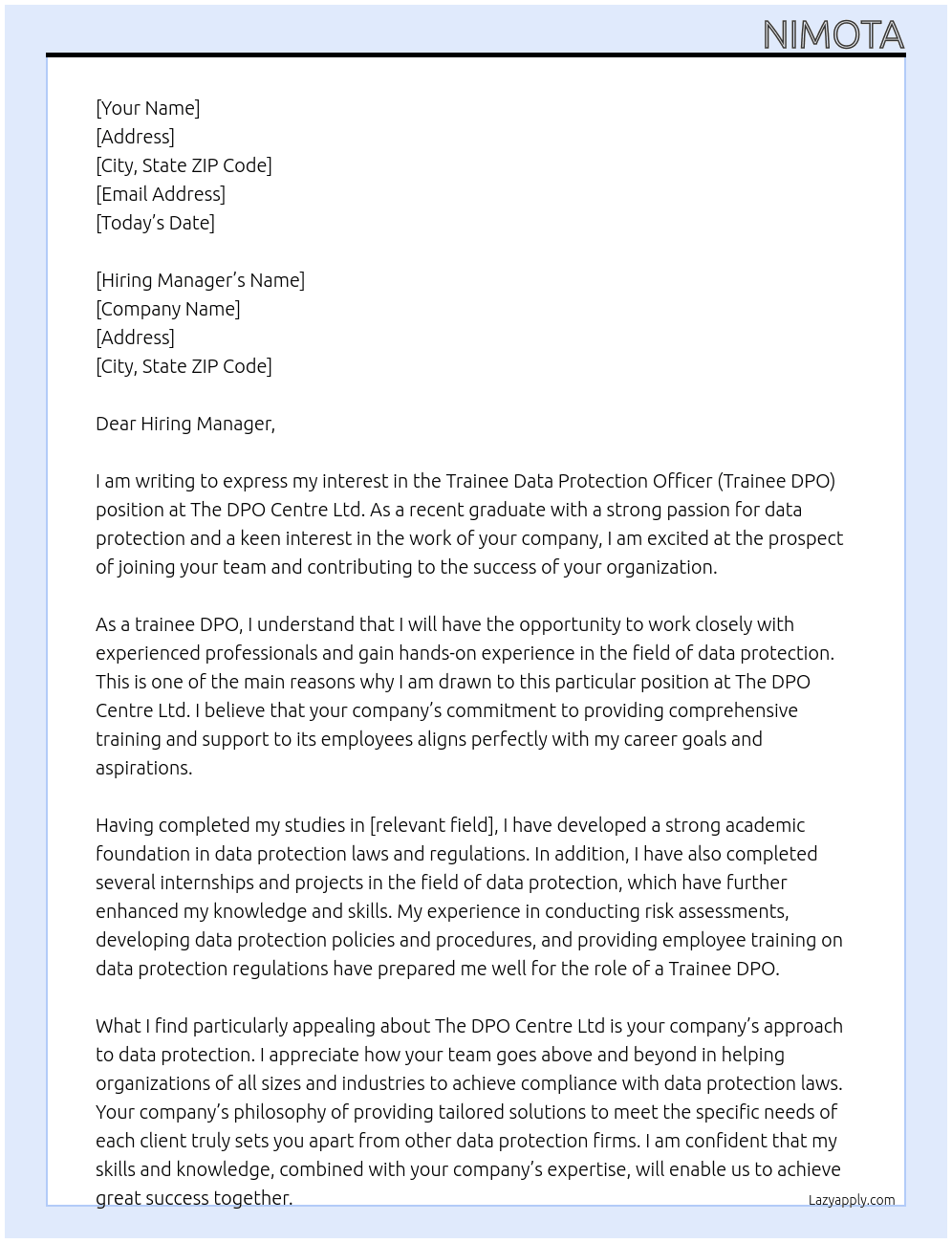 Trainee Data Protection Officer (Trainee DPO) At The DPO Centre Ltd Cover Letter