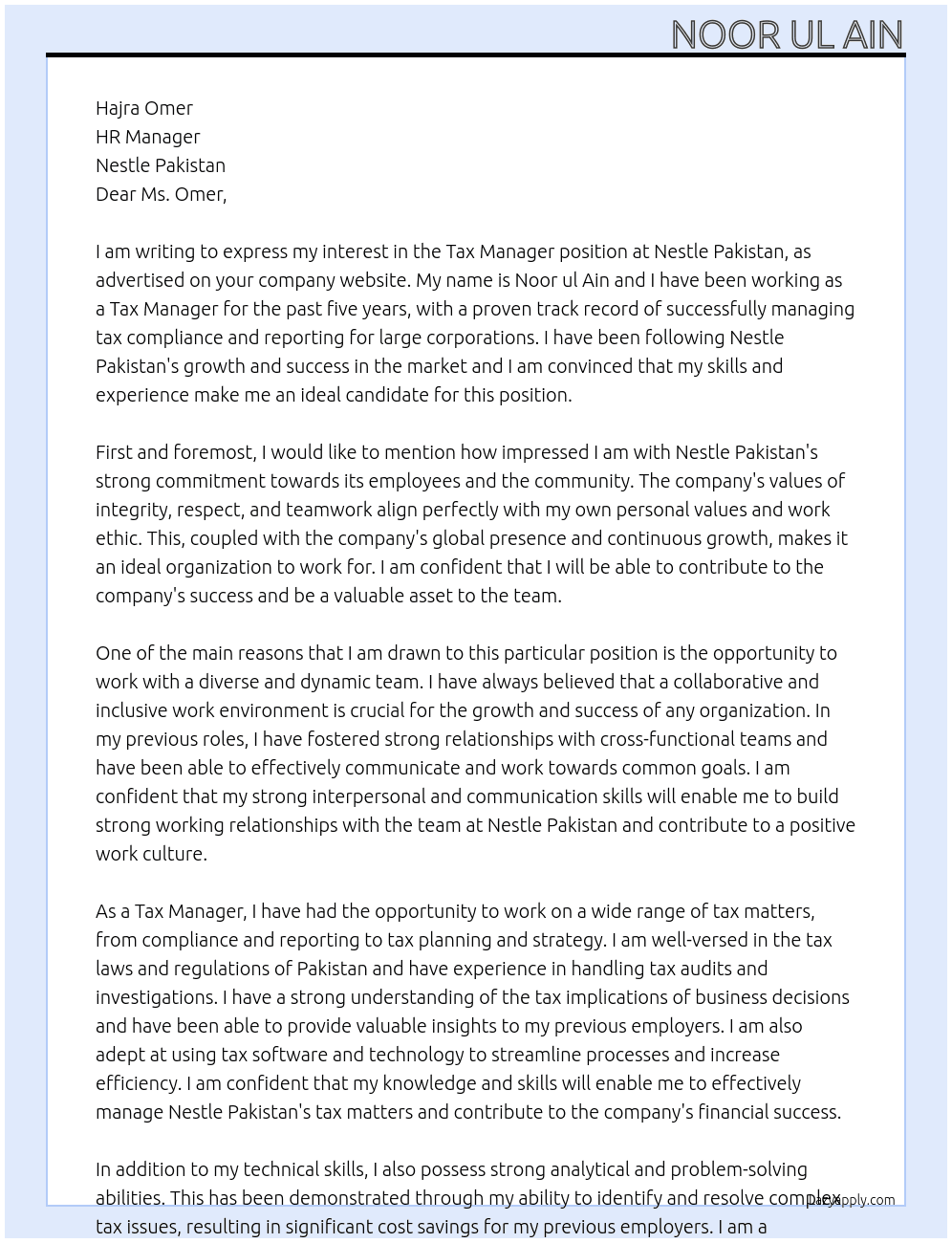 Tax Manager  At nestle pakistan  Cover Letter