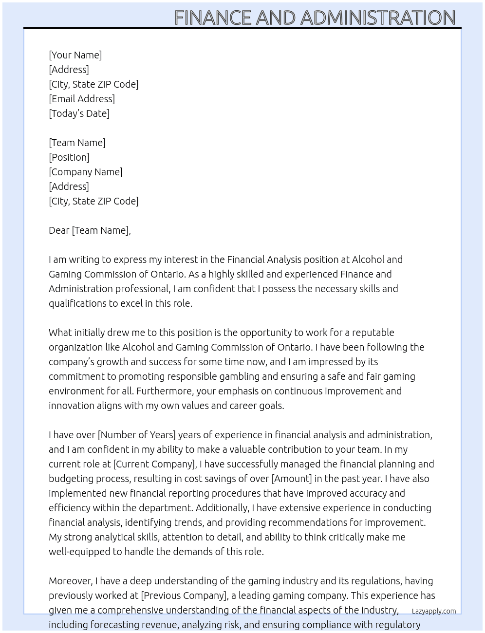 Financial Analysis At Alcohol and Gaming Commission of Ontario Cover Letter