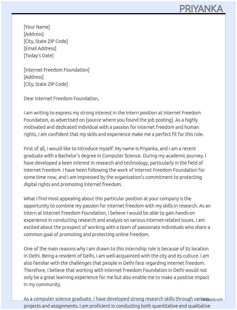 As a intern  At Internet freedom foundation  Cover Letter