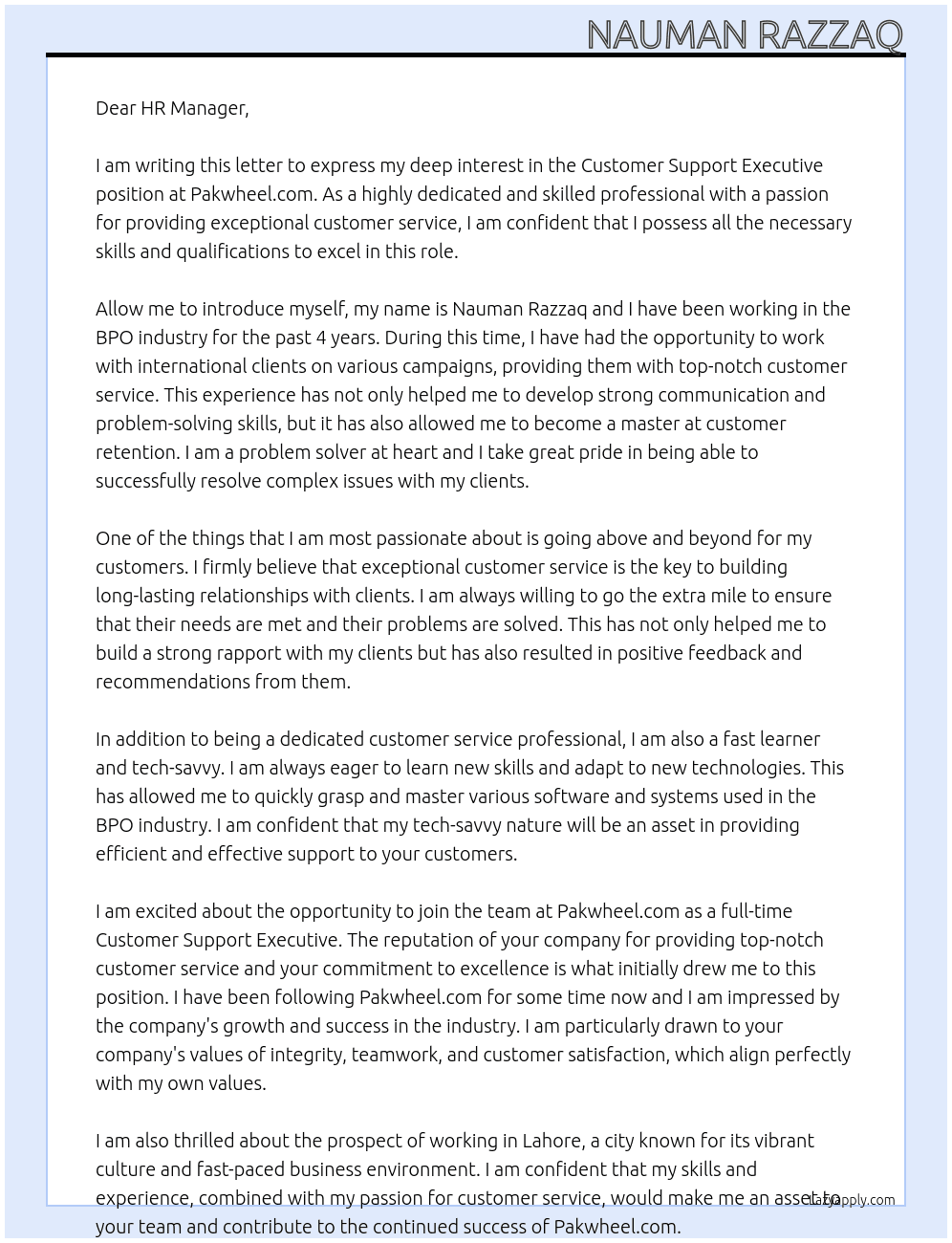 Customer support executive  At Pakwheel.com Cover Letter