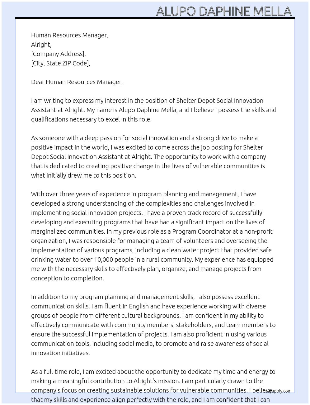 Shelter Depot Social Innovation Assistant At Alright  Cover Letter