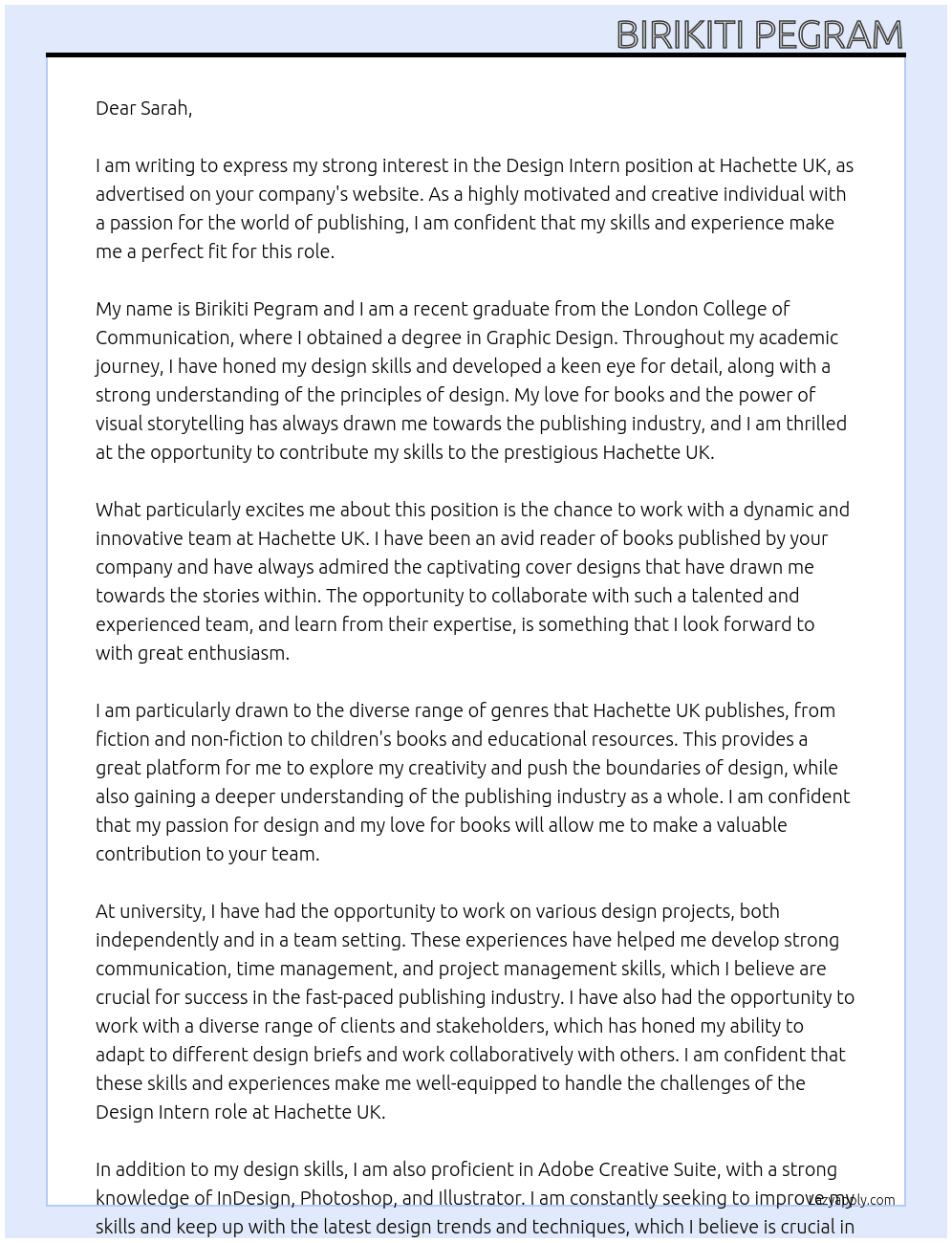 Design Intern At Hachette UK Cover Letter