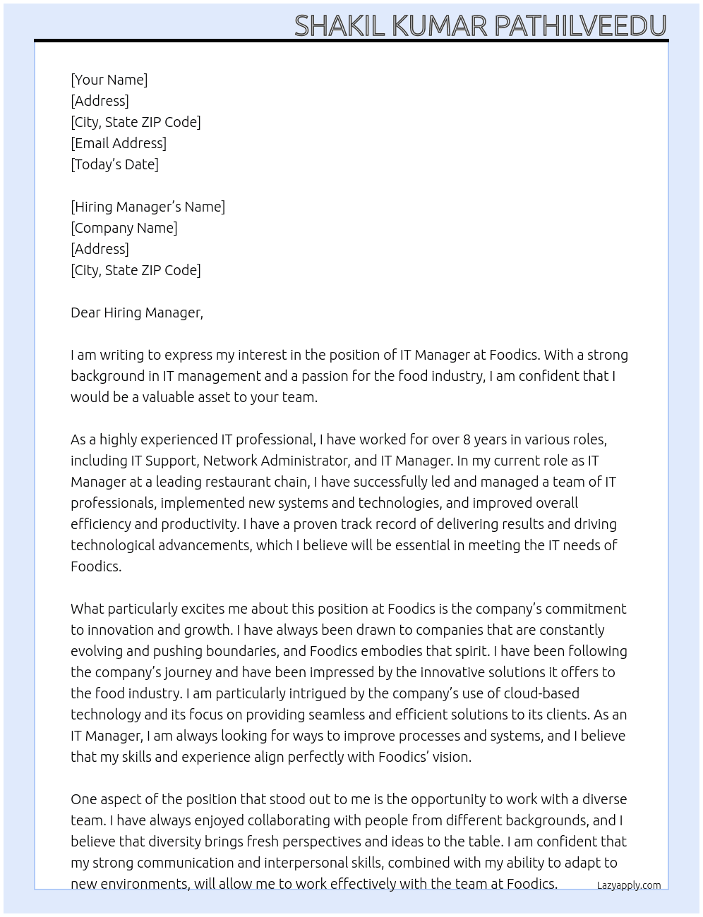 IT Manager At Foodics Cover Letter