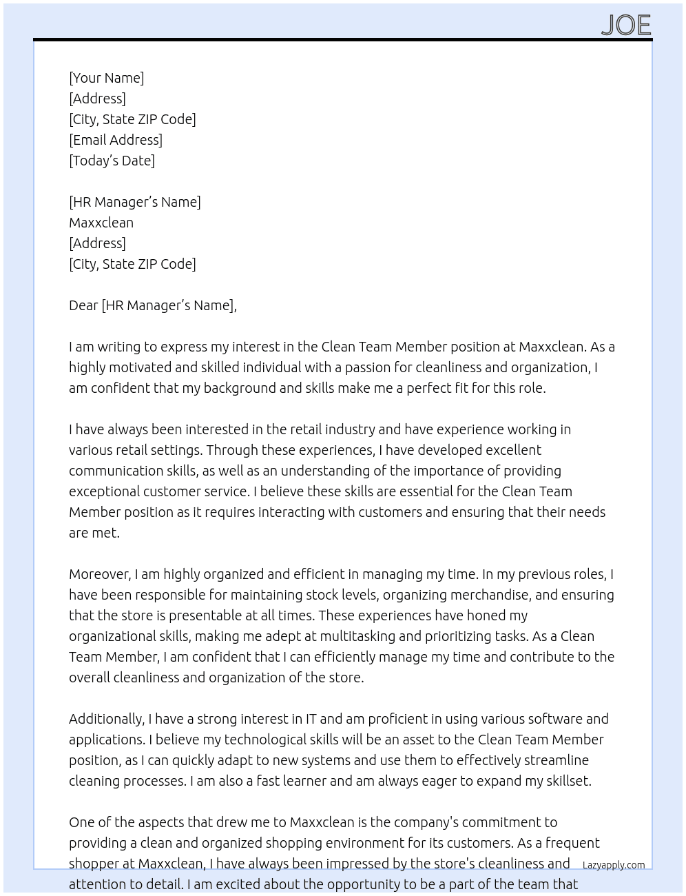 Clean Team Member At Maxxclean Cover Letter