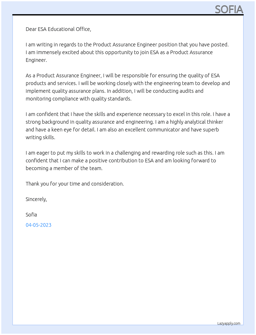 Product Assurance Engineer At ESA Cover Letter