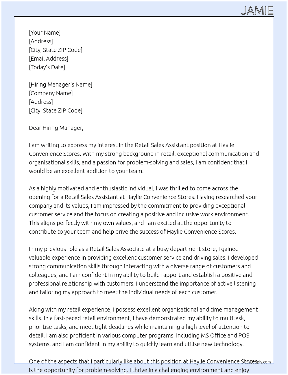 Retail Sales Assistant At Haylie Convenience Stores Cover Letter