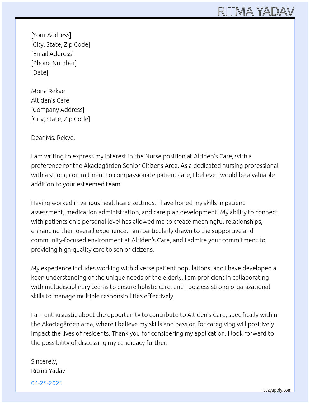 Nurse At Altiden's care  Cover Letter