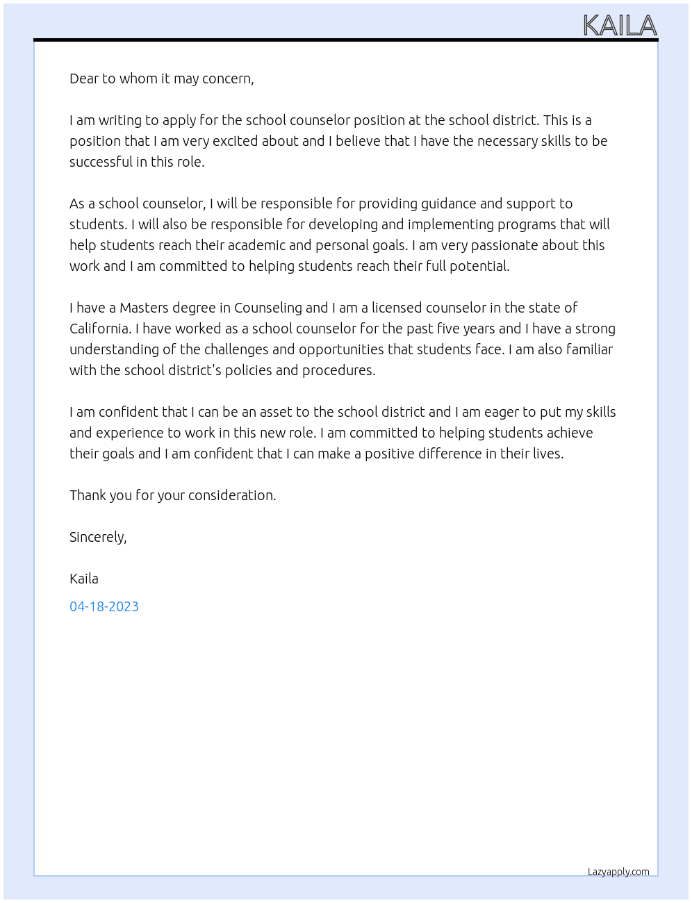 school counselor At school district Cover Letter