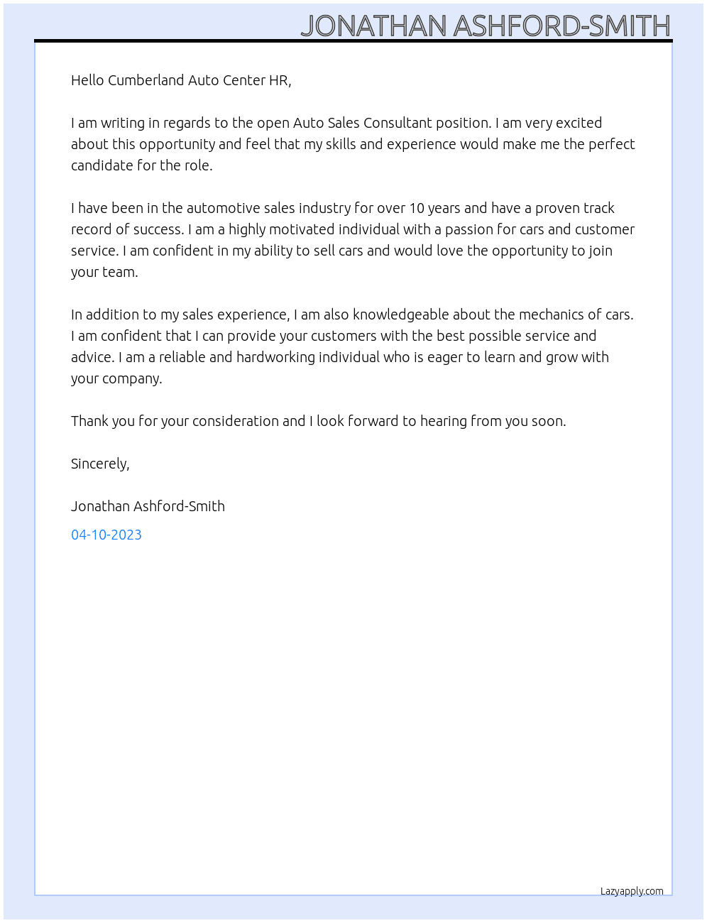 Auto Sales Consultant  At Cumberland Auto Center Cover Letter