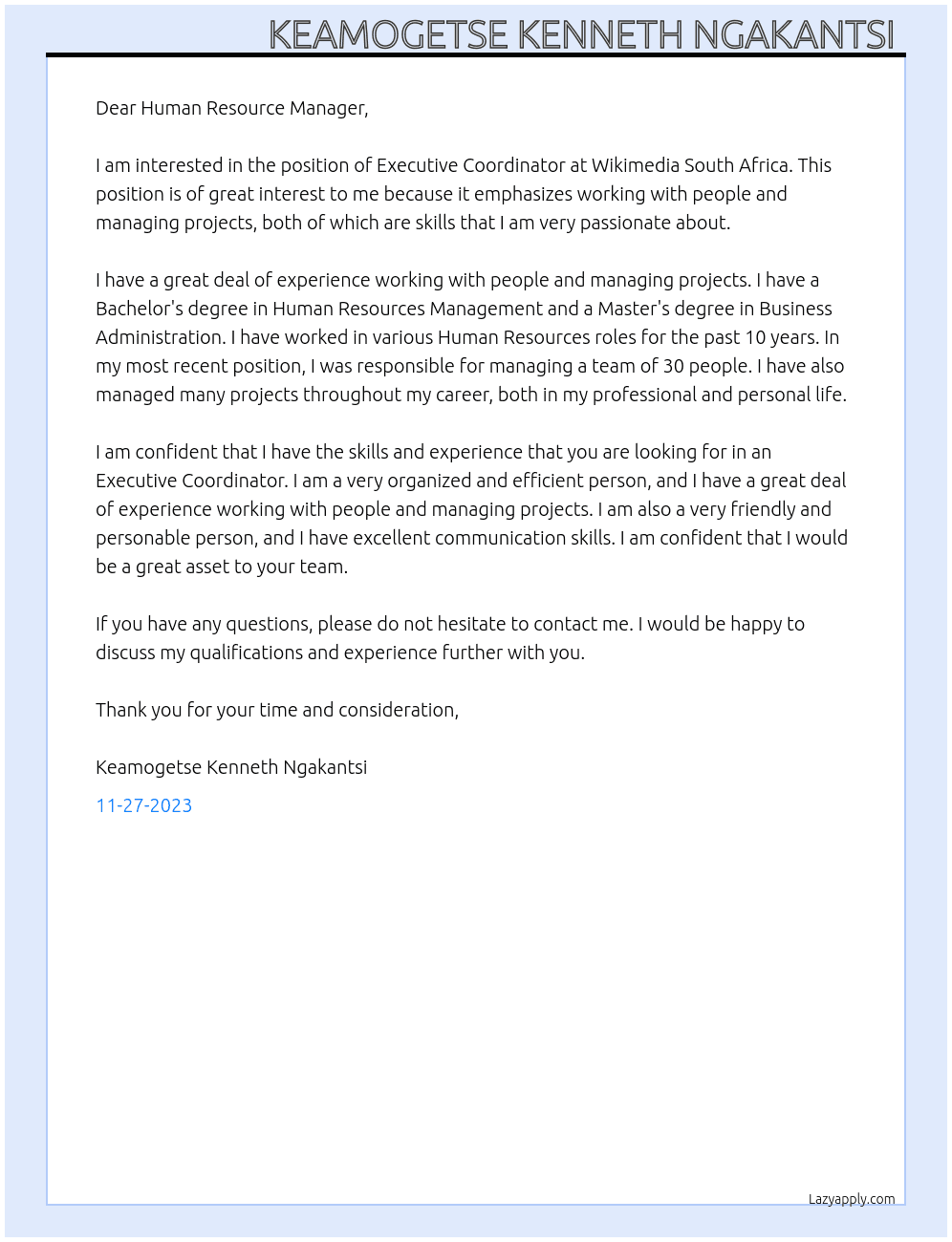 Executive Coordinator  At Wikimedia South Africa  Cover Letter