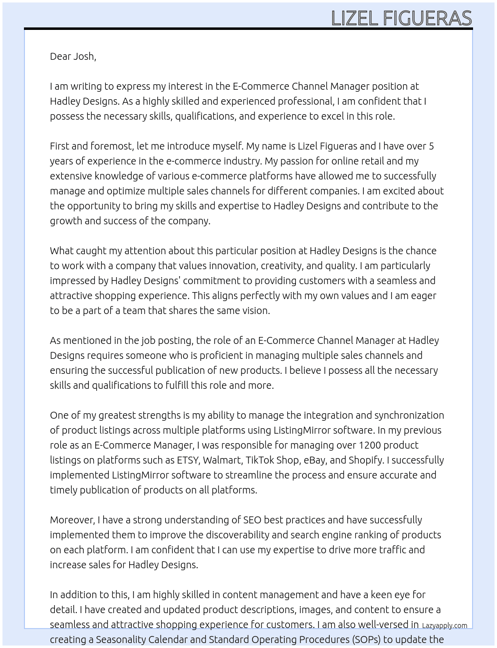 E-Commerce Channel Manager At Hadley Designs Cover Letter