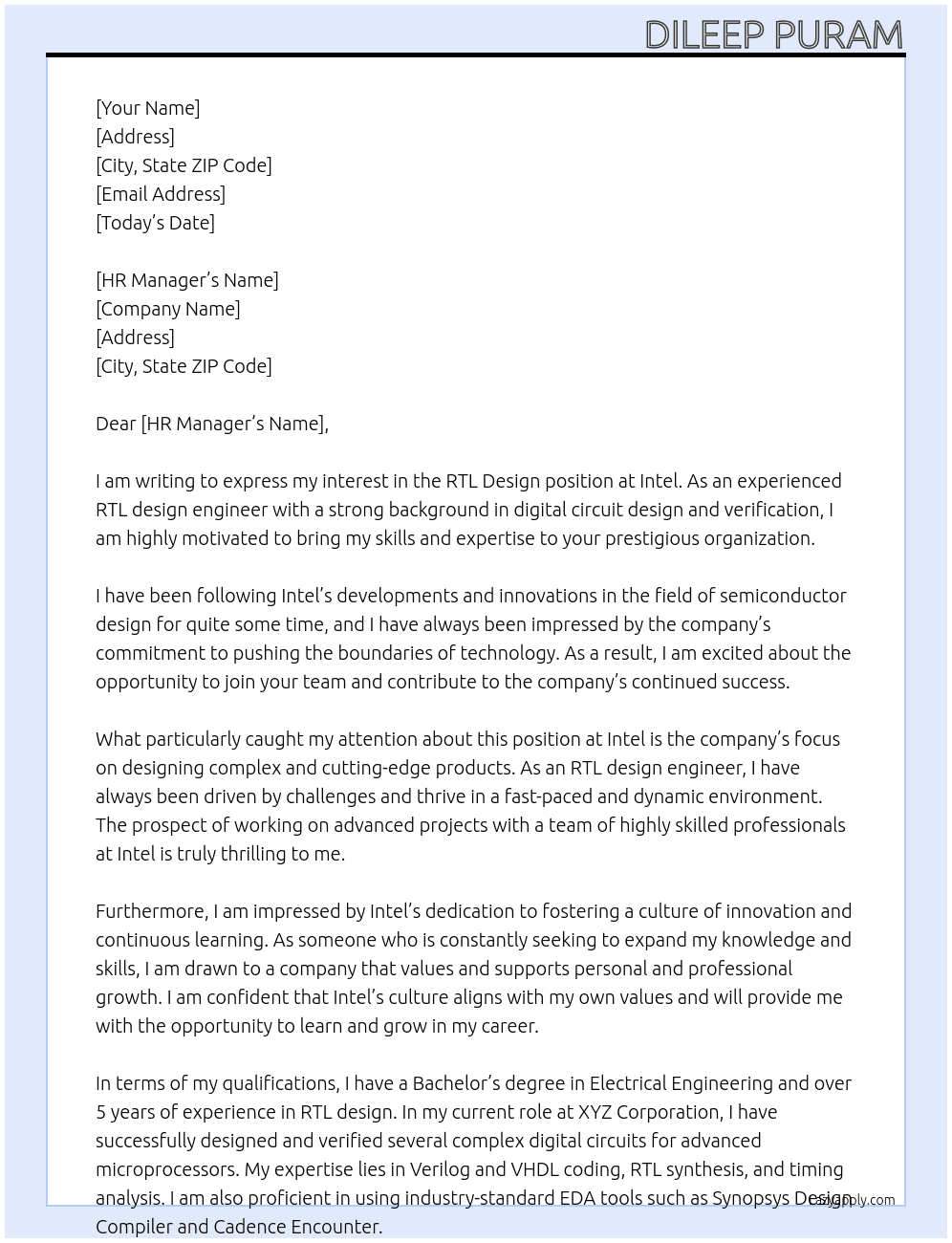 RTL Design At intel Cover Letter