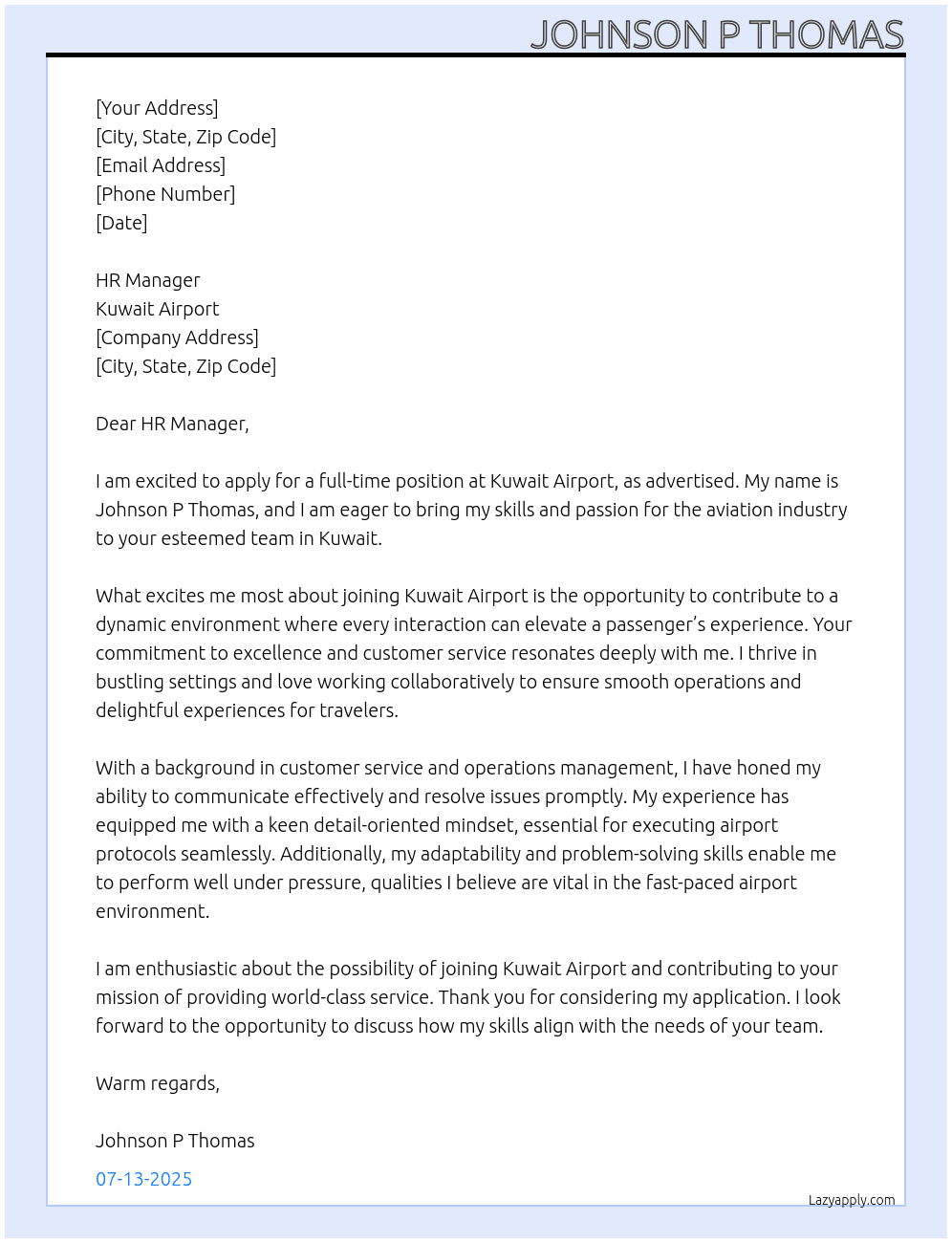 airport jobs At KUWAIT AIRPORT Cover Letter