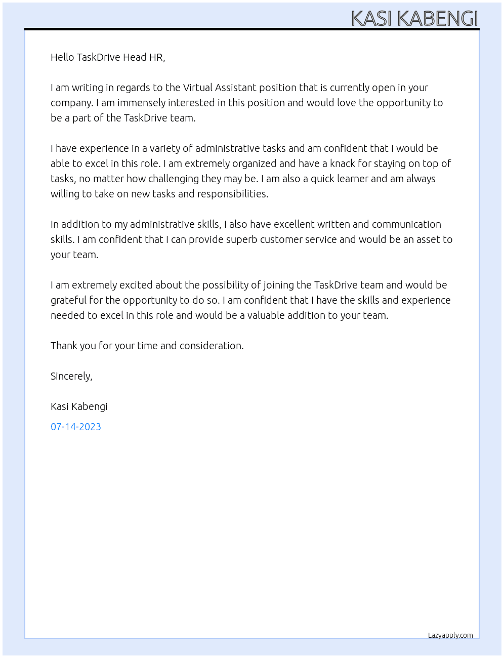 Virtual Assistant At TaskDrive Cover Letter