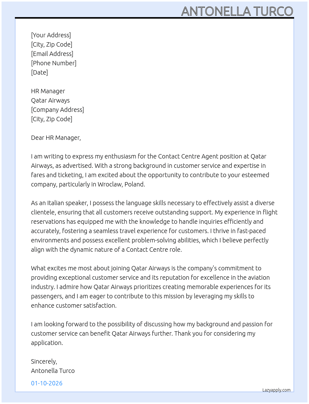 Contact Centre Agent At Qatar Airways  Cover Letter