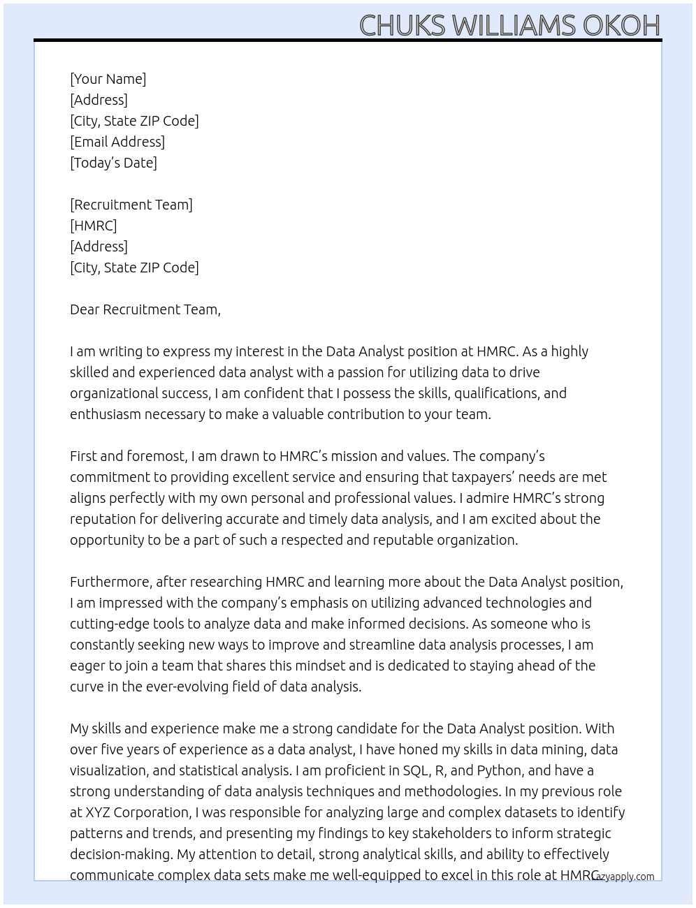 data analyst At HMRC Cover Letter