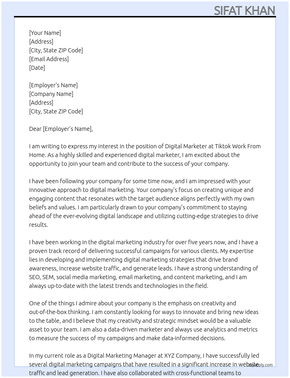 Digital marketer At Tiktok work form home Cover Letter