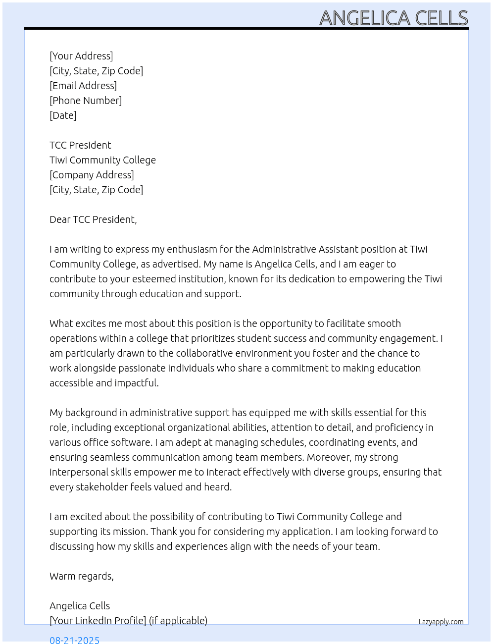 administrative assistant  At Tiwi Community College Cover Letter
