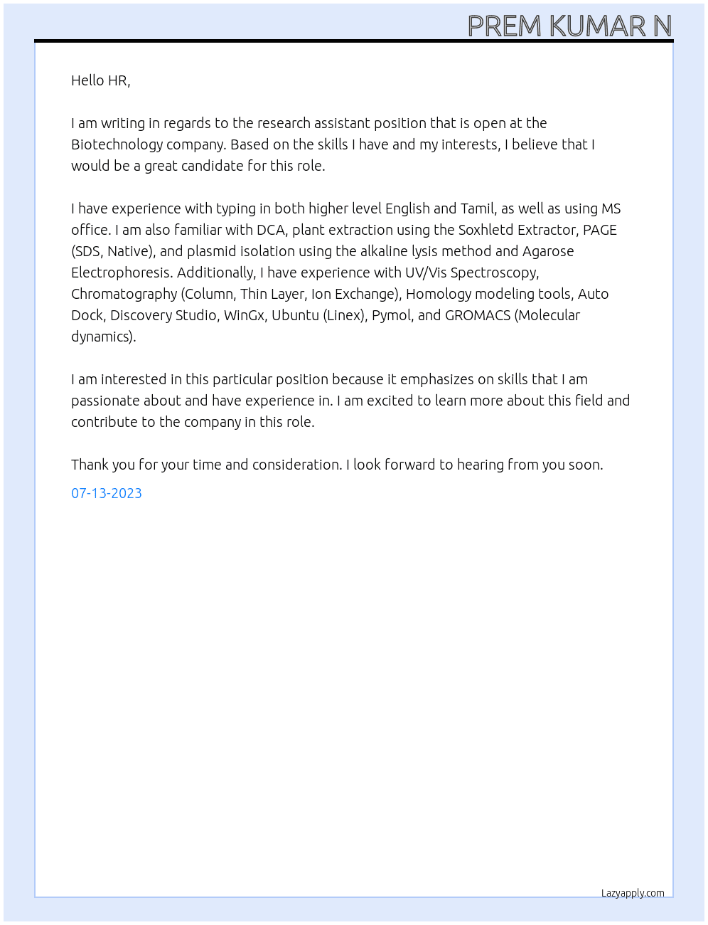 Research assistant At Biotechnology company  Cover Letter