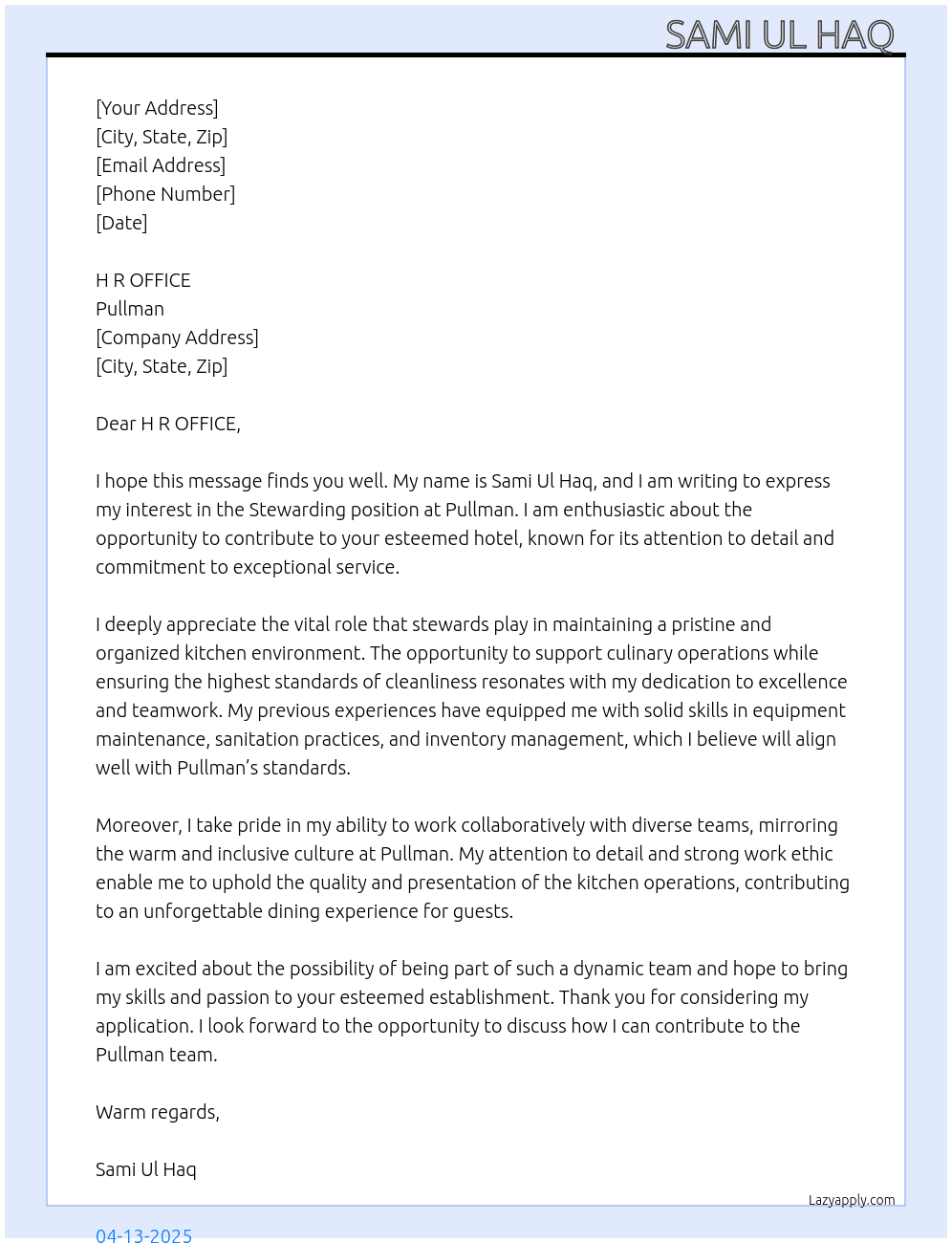 Stewarding  At Pullman Cover Letter