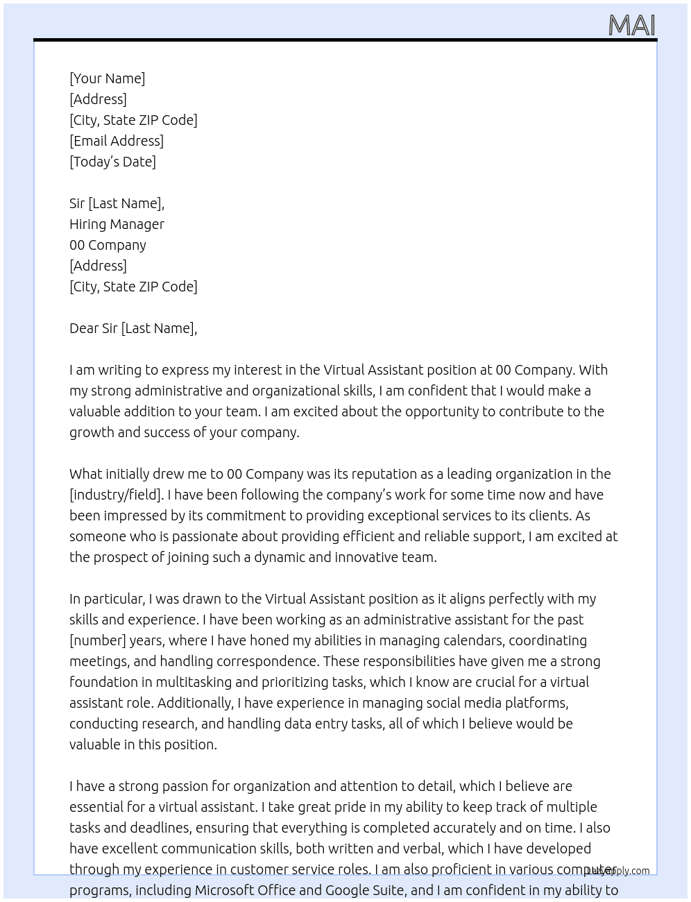 virtual assistant  At 00 Cover Letter