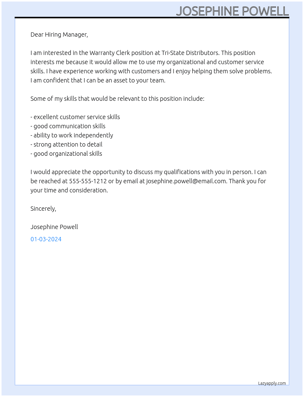 Warranty Clerk At Tri-State Distributors Cover Letter