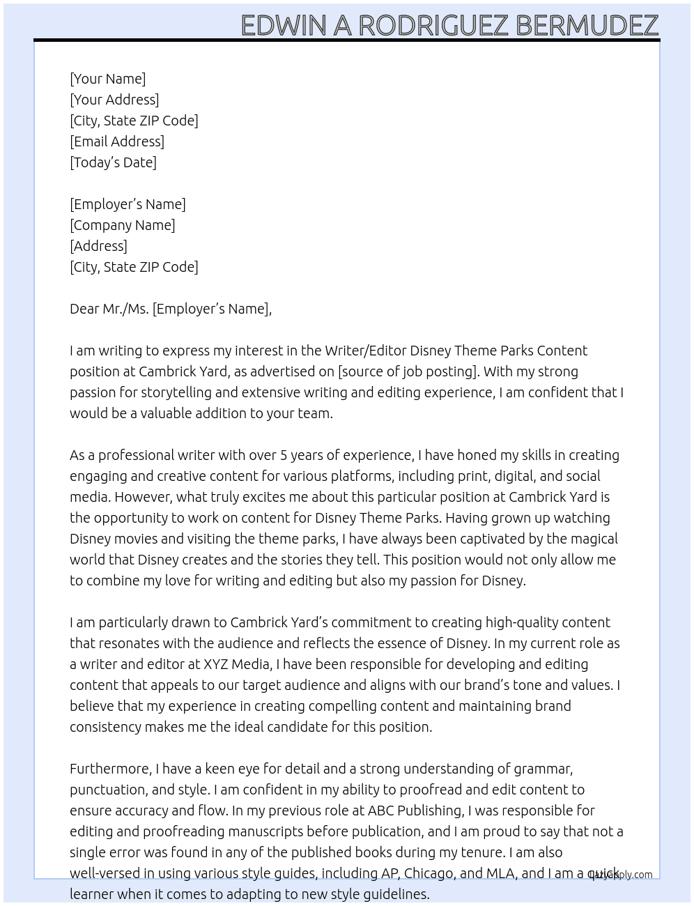Writer/Editor Disney Theme Parks Content At Cambrick Yard Cover Letter