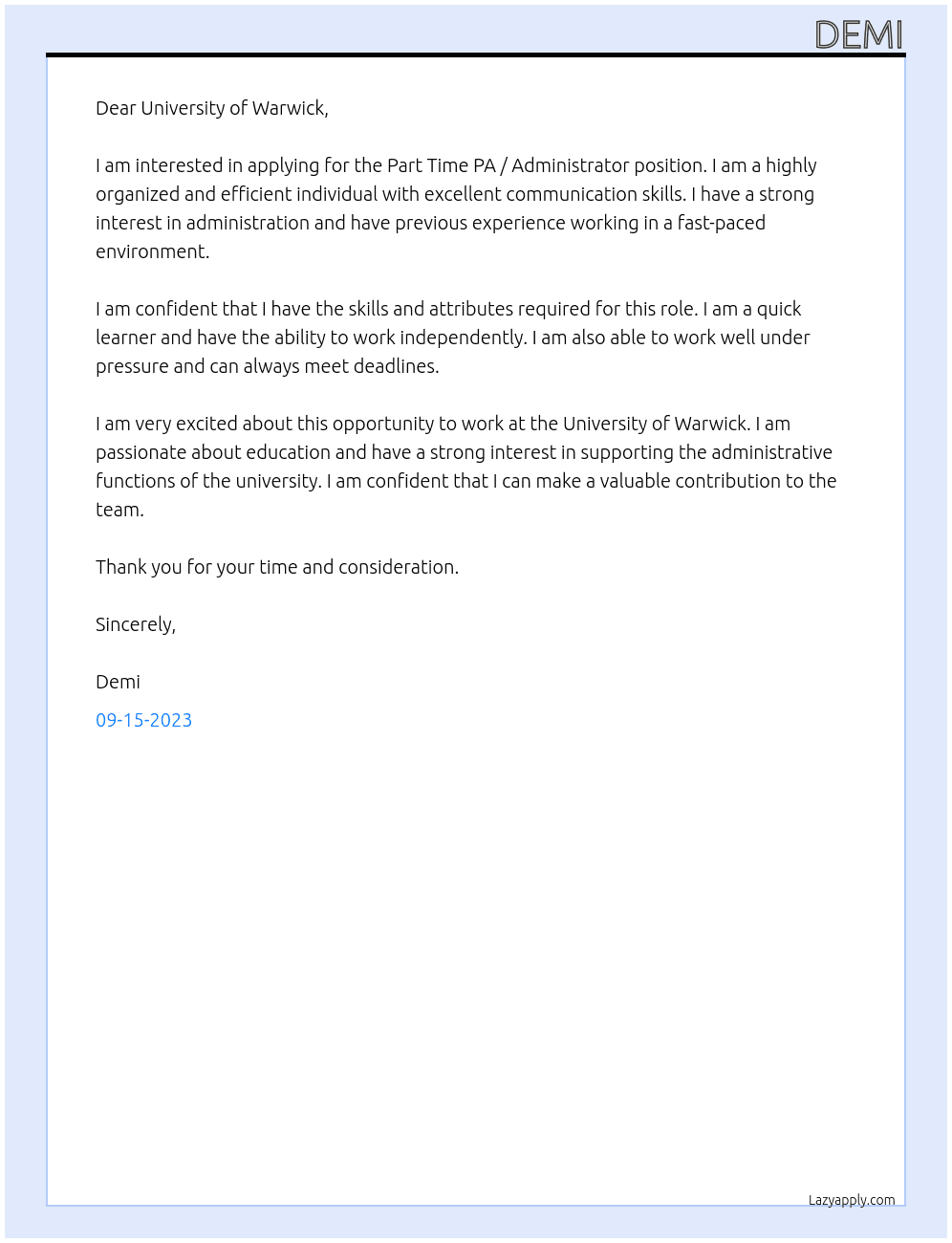 Part Time PA / Administrator At University of Warwick Cover Letter